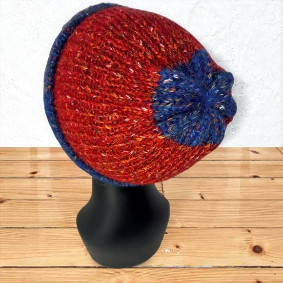 Handmade Cotton Alpaca Tweed Knit Blue Denim & Strawberry Red Unisex Beanie - Picture 7 of 10